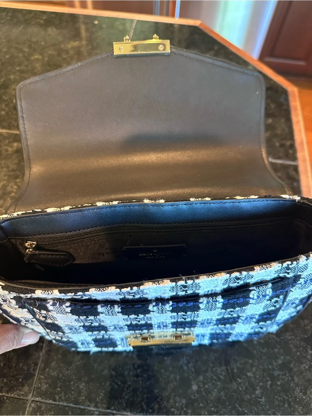 kate spade Black and White Check Tweed Tweed Shoulder Bag with Gold Hardware